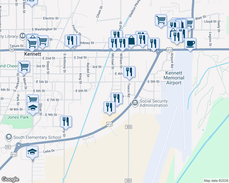 map of restaurants, bars, coffee shops, grocery stores, and more near 1116 Locust Street in Kennett