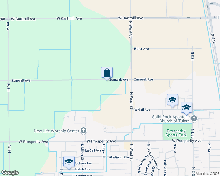 map of restaurants, bars, coffee shops, grocery stores, and more near 1499 Zumwalt Avenue in Tulare