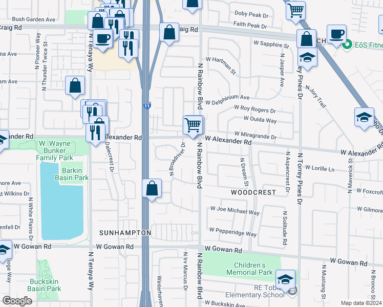 map of restaurants, bars, coffee shops, grocery stores, and more near 6712 West Evanston Avenue in Las Vegas