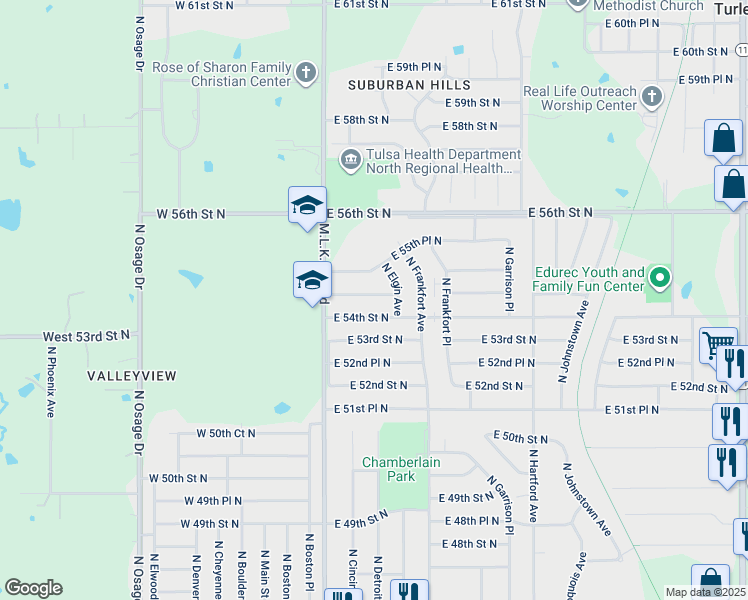 map of restaurants, bars, coffee shops, grocery stores, and more near 248 East 54th Place North in Tulsa