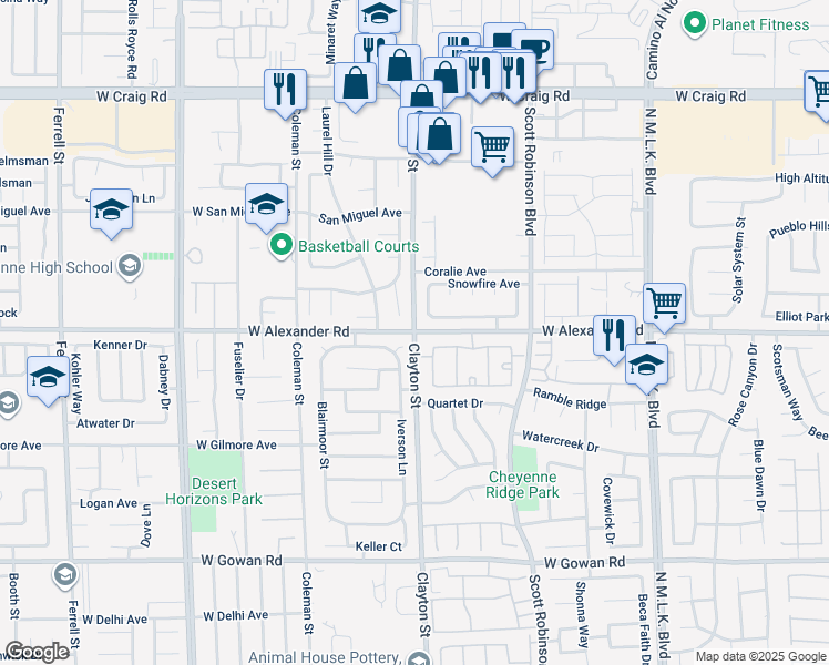 map of restaurants, bars, coffee shops, grocery stores, and more near W Alexander Rd & Clayton St in North Las Vegas