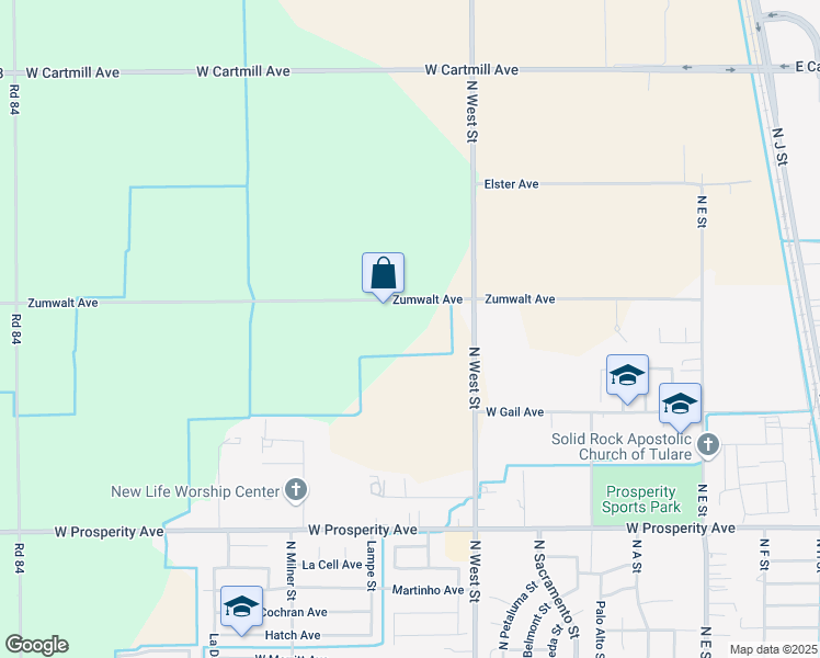 map of restaurants, bars, coffee shops, grocery stores, and more near 1499-1633 Zumwalt Avenue in Tulare