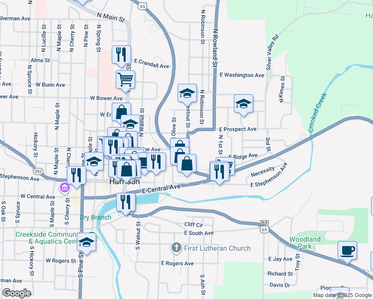 map of restaurants, bars, coffee shops, grocery stores, and more near 308 North Chestnut Street in Harrison
