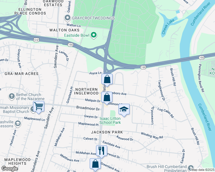 map of restaurants, bars, coffee shops, grocery stores, and more near 1109 Inglewood Drive in Nashville