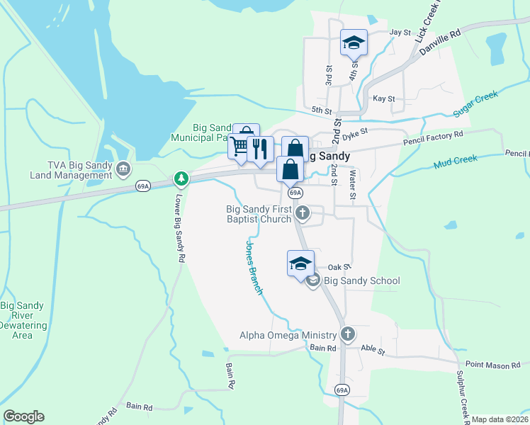 map of restaurants, bars, coffee shops, grocery stores, and more near 111 Easy Street in Big Sandy