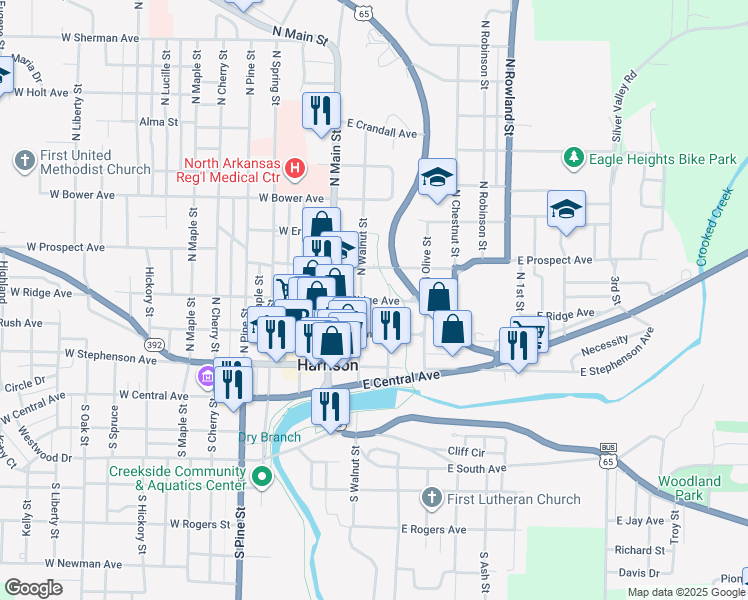 map of restaurants, bars, coffee shops, grocery stores, and more near 300-398 North Sycamore Street in Harrison