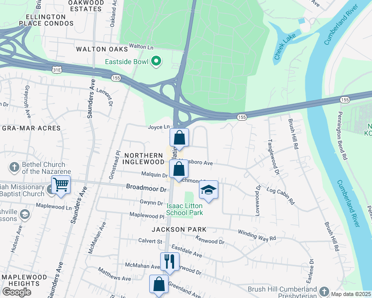 map of restaurants, bars, coffee shops, grocery stores, and more near 1109 Inglewood Drive in Nashville