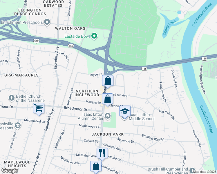 map of restaurants, bars, coffee shops, grocery stores, and more near 1109 Inglewood Drive in Nashville