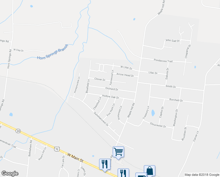 map of restaurants, bars, coffee shops, grocery stores, and more near Fernwood Lane in Lebanon