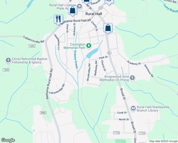 map of restaurants, bars, coffee shops, grocery stores, and more near Brookvalley Road in Rural Hall