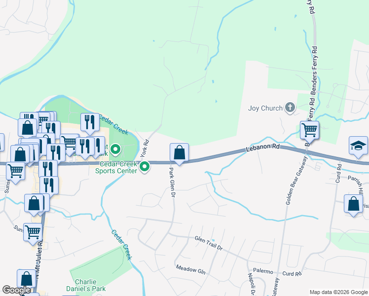 map of restaurants, bars, coffee shops, grocery stores, and more near 10535 Lebanon Road in Mt. Juliet