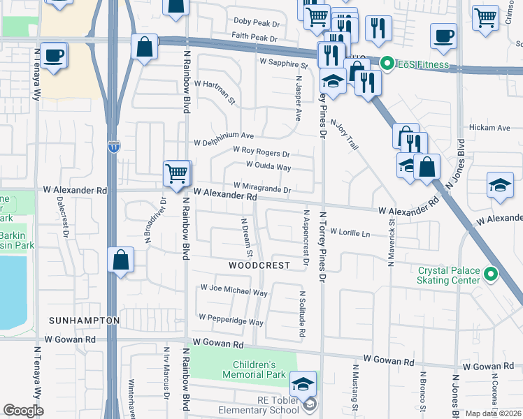 map of restaurants, bars, coffee shops, grocery stores, and more near 6524 West Pearcrest Road in Las Vegas