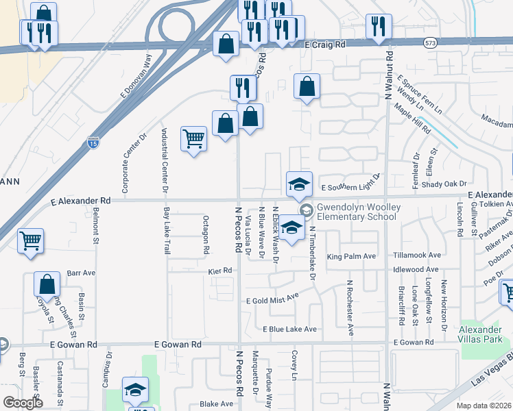 map of restaurants, bars, coffee shops, grocery stores, and more near 3580 East Alexander Road in Las Vegas