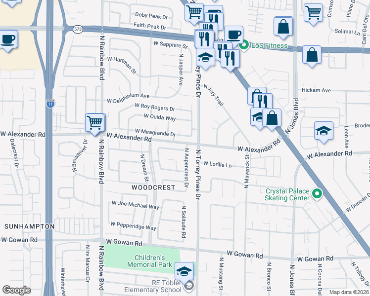 map of restaurants, bars, coffee shops, grocery stores, and more near 6401 West Miragrande Drive in Las Vegas