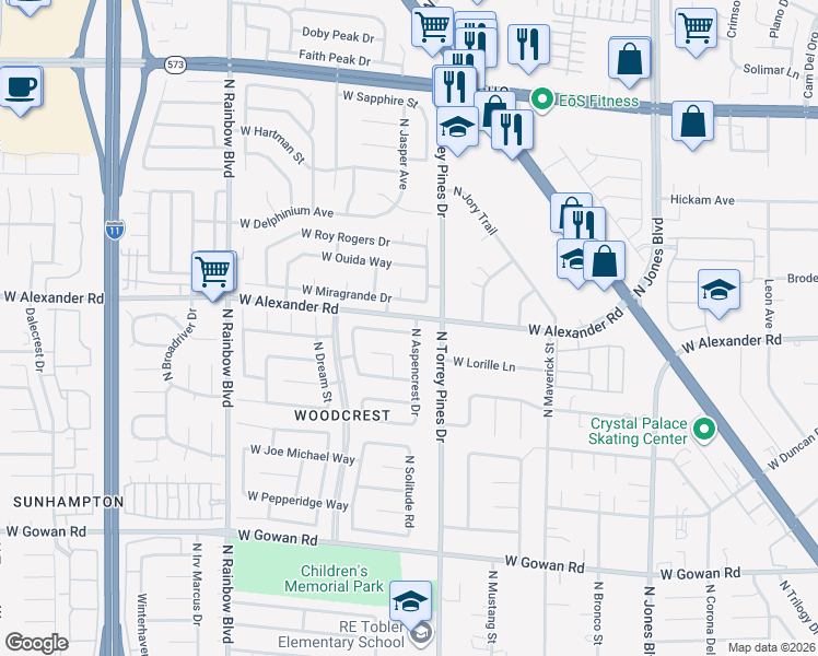 map of restaurants, bars, coffee shops, grocery stores, and more near 6401 West Miragrande Drive in Las Vegas