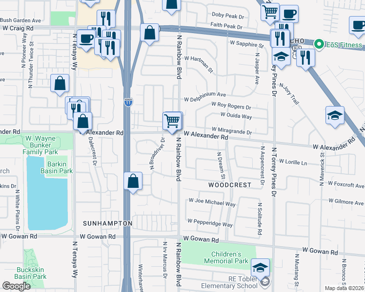 map of restaurants, bars, coffee shops, grocery stores, and more near 3936 North Rhine Way in Las Vegas