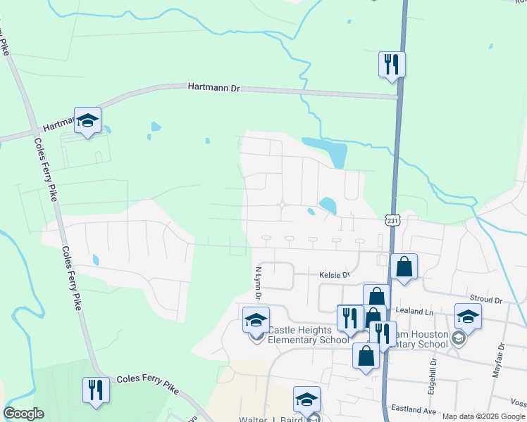 map of restaurants, bars, coffee shops, grocery stores, and more near 1500 Hunters Point Pike in Lebanon