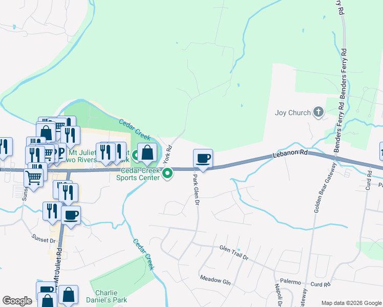 map of restaurants, bars, coffee shops, grocery stores, and more near 10645 Lebanon Road in Mt. Juliet