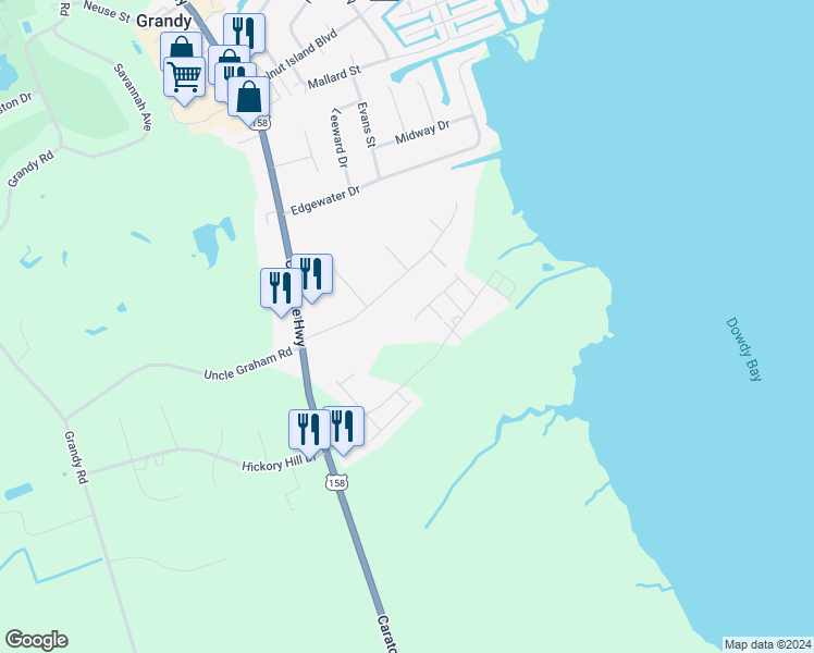 map of restaurants, bars, coffee shops, grocery stores, and more near 102 Edsel Lane in Grandy