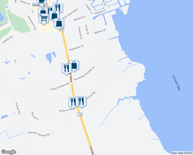 map of restaurants, bars, coffee shops, grocery stores, and more near 102 Edsel Lane in Grandy