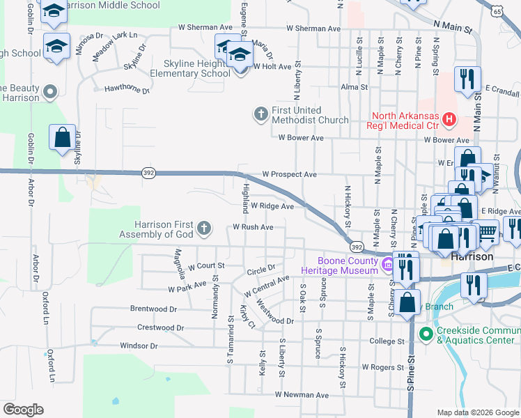 map of restaurants, bars, coffee shops, grocery stores, and more near 1025 West Ridge Avenue in Harrison