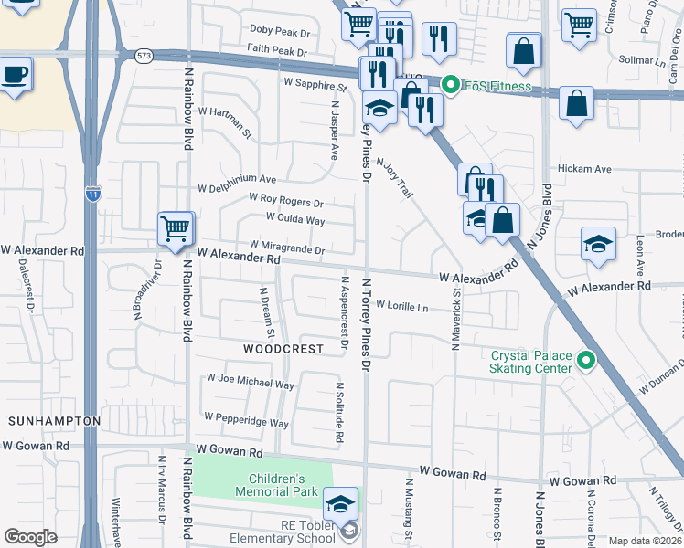 map of restaurants, bars, coffee shops, grocery stores, and more near 6401 West Miragrande Drive in Las Vegas