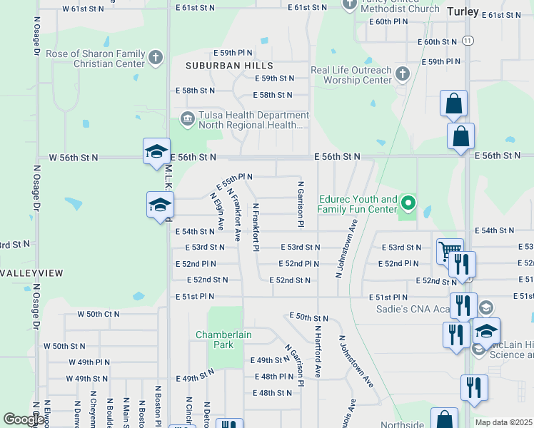 map of restaurants, bars, coffee shops, grocery stores, and more near 544 East 54th Place North in Tulsa