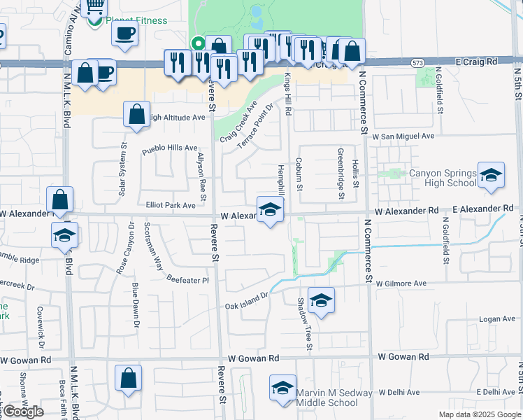 map of restaurants, bars, coffee shops, grocery stores, and more near 625 Heartland Point Avenue in North Las Vegas