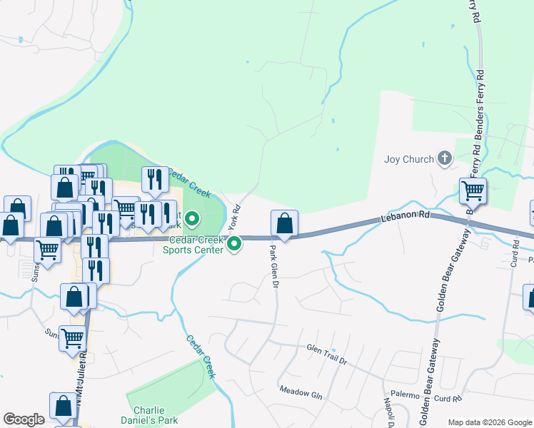map of restaurants, bars, coffee shops, grocery stores, and more near 10645 Lebanon Road in Mt. Juliet