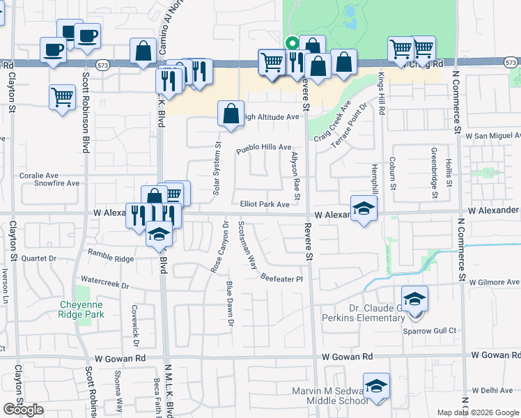 map of restaurants, bars, coffee shops, grocery stores, and more near 1106 Elliot Park Avenue in North Las Vegas