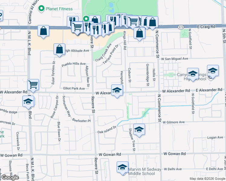 map of restaurants, bars, coffee shops, grocery stores, and more near 634 Heartland Point Avenue in North Las Vegas