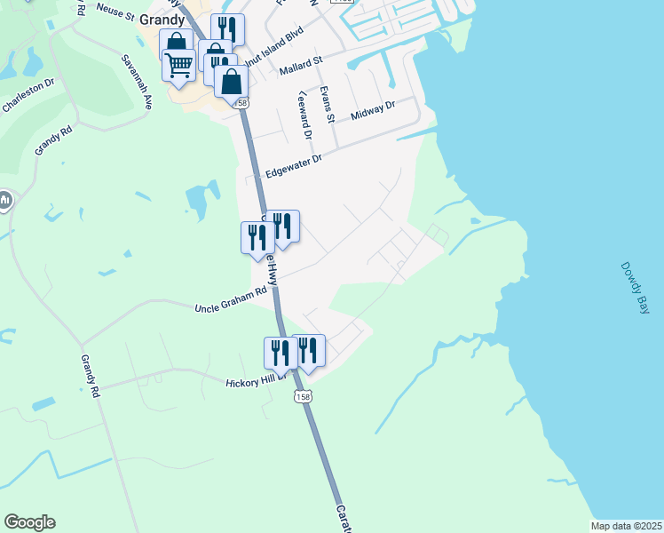map of restaurants, bars, coffee shops, grocery stores, and more near 110 Soundside Estates Drive in Grandy