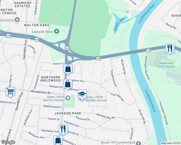 map of restaurants, bars, coffee shops, grocery stores, and more near 4905 Ruskin Avenue in Nashville