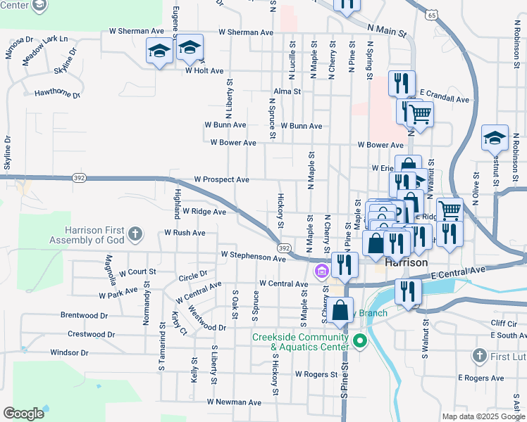 map of restaurants, bars, coffee shops, grocery stores, and more near West Ridge Avenue in Harrison