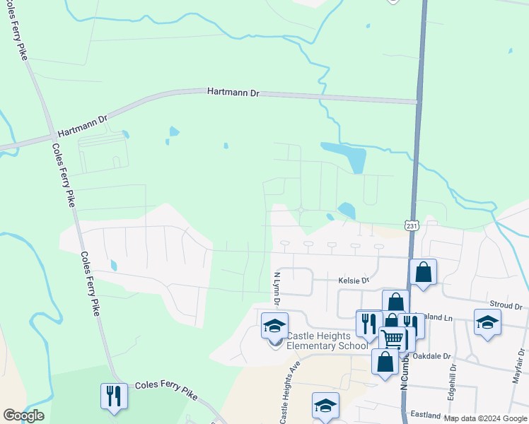 map of restaurants, bars, coffee shops, grocery stores, and more near 403 Tucker Trice Boulevard in Lebanon