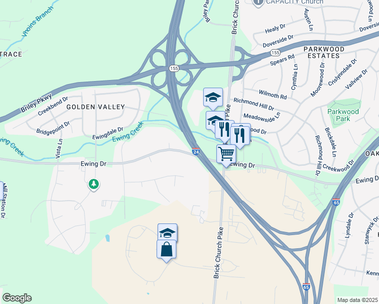 map of restaurants, bars, coffee shops, grocery stores, and more near 409 Ewing Drive in Nashville