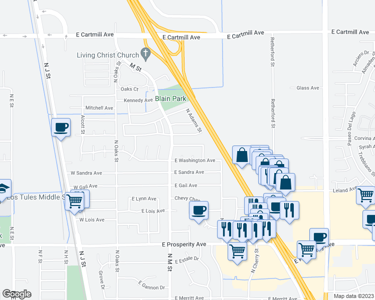 map of restaurants, bars, coffee shops, grocery stores, and more near 445 East Roosevelt Avenue in Tulare