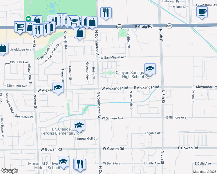 map of restaurants, bars, coffee shops, grocery stores, and more near 4004 North Kindhearted Court in North Las Vegas