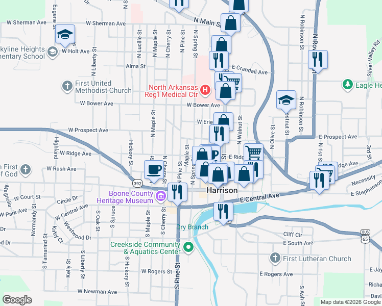 map of restaurants, bars, coffee shops, grocery stores, and more near 305 N Spring St in Harrison