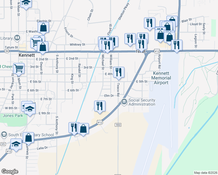 map of restaurants, bars, coffee shops, grocery stores, and more near 1116 Locust Street in Kennett