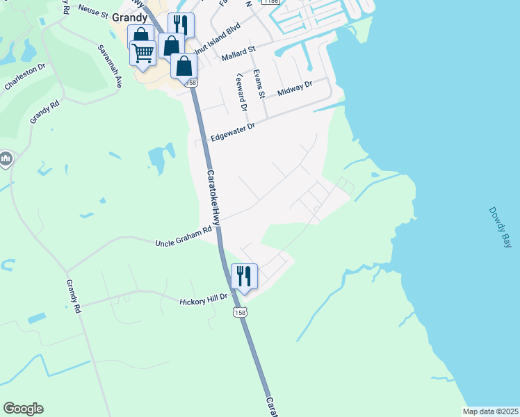map of restaurants, bars, coffee shops, grocery stores, and more near 110 Soundside Estates Drive in Grandy