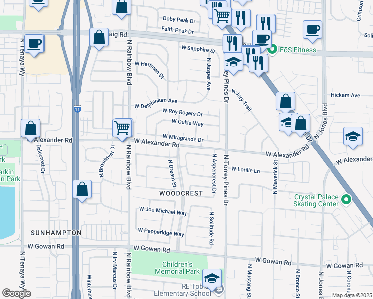 map of restaurants, bars, coffee shops, grocery stores, and more near 6524 West Pearcrest Road in Las Vegas