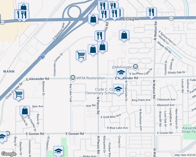 map of restaurants, bars, coffee shops, grocery stores, and more near North Pecos Road & East Alexander Road in North Las Vegas