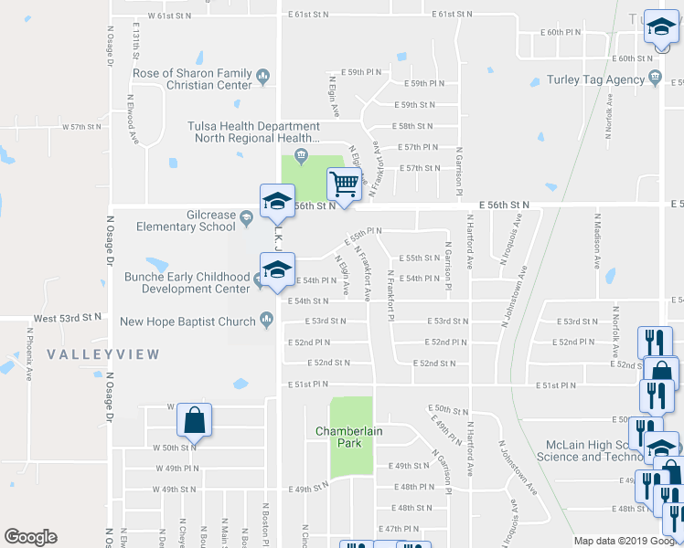 map of restaurants, bars, coffee shops, grocery stores, and more near 267 East 54th Place North in Tulsa
