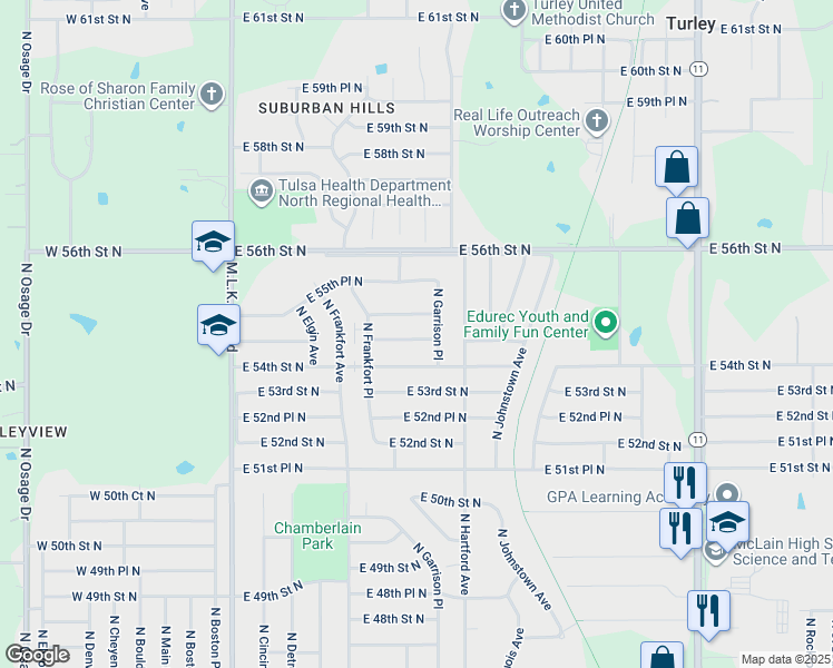 map of restaurants, bars, coffee shops, grocery stores, and more near 619 East 54th Place North in Tulsa
