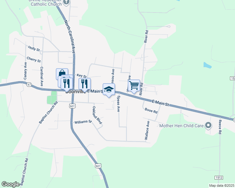 map of restaurants, bars, coffee shops, grocery stores, and more near 308 East Main Street in Boonville
