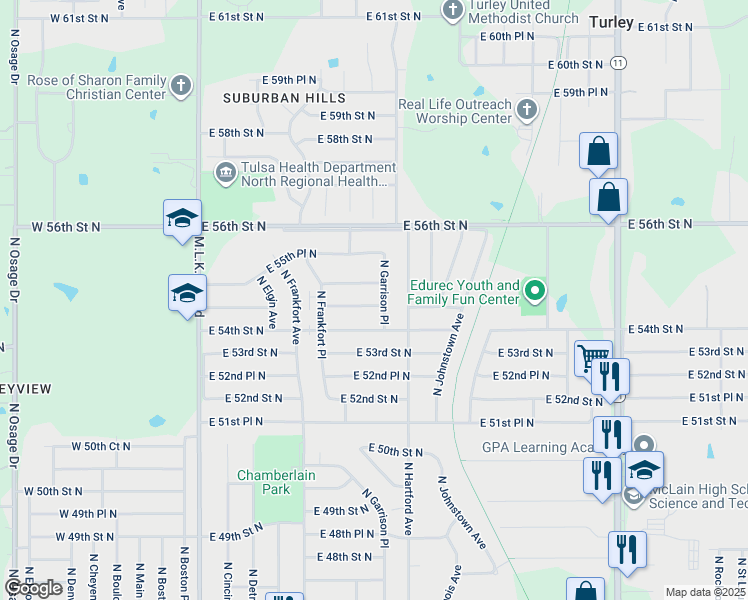 map of restaurants, bars, coffee shops, grocery stores, and more near 619 East 54th Place North in Tulsa