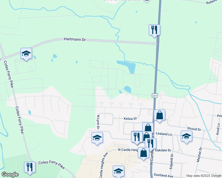 map of restaurants, bars, coffee shops, grocery stores, and more near 430 Wind Dance Drive in Lebanon
