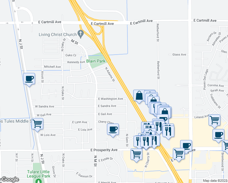 map of restaurants, bars, coffee shops, grocery stores, and more near 497 East Roosevelt Avenue in Tulare