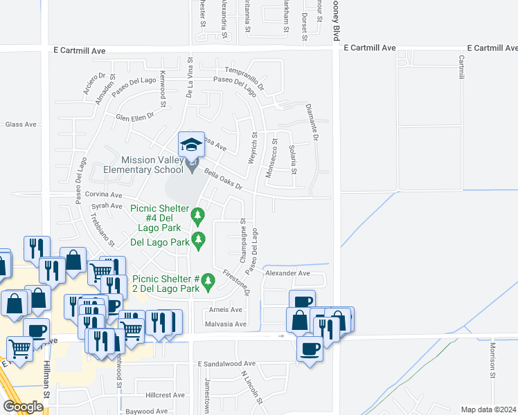 map of restaurants, bars, coffee shops, grocery stores, and more near 1834 Paseo Del Lago in Tulare